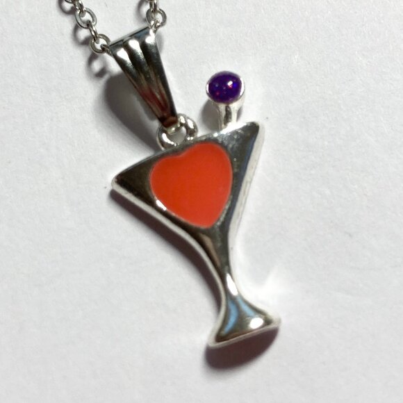 Martini Cocktail Drink Cup Glass Charm Necklace Pendant Pink Enamel 18" Chain - Picture 3 of 9